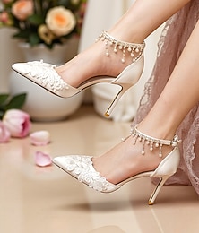 preiswerte -Weiße Spitzen-Pumps mit Perlenbesatz und Knöchelriemen für Damen – elegante Stiletto-Pumps mit spitzer Zehenpartie für die Hochzeit &formelle Anlässe