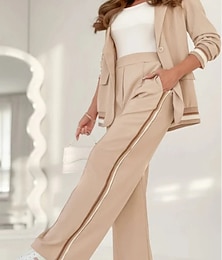 abordables -Mujer Moda Ropa de calle Conjuntos de pantalones parte superior del bolero Trajes de chaqueta Manga Larga Cuello Camisero Color sólido Exterior Trabajo Casual Negro Blanco Azul Piscina Primavera