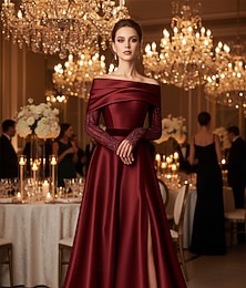 זול -גזרת A שמלות ערב אלגנטית לבוש רשמי רשמי חתונה עד הריצפה ללא שרוולים סירה מתחת לכתפיים כיס סאטן נמתח עם קפלים חרוזים שסע 2025