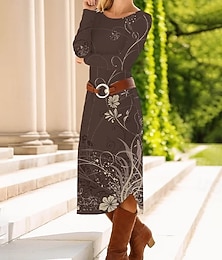 abordables -Femmes Robe Midi Robe fourreau Occasionnel Quotidien Coupe régulière Fleuri Graphique Paisley manche longue Col ras du cou Bleu Violet Marron Vert Printemps Automne Hiver
