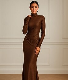 preiswerte -Meerjungfrau/Trompete, metallischer Lurexstoff, Abendkleid, elegantes formelles Hochzeitskleid, Schleppe/Pinselschleppe, langärmliger Stehkragen, Jersey mit Glitzer, gerüscht, 2025