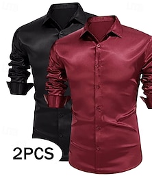 ieftine -Bărbați Cămașă Mătase ca Cămașă din satin Cămașă de Costum Cămașă casual Camașă cu nasturi Simplu Oficial Nuntă Alb + verde Verde + roșu Alb + Negru Alb+Albastru Manșon Lung Rever Primăvara & toamn