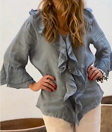 abordables -Femmes Chemise Couleur Unie Élégant Occasionnel manche longue Col en V Hauts Réguliers Quotidien A Volants Blanche Jaune Rouge Marron Vert Été Printemps Automne