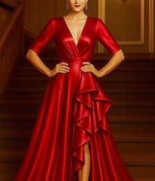 abordables -Robe de soirée trapèze rouge et noire, élégante, formelle, longueur au sol, manches mi-longues, col en V, satin avec plis et volants, 2025