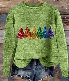 abordables -Pull Femme pour Noël Sweat Graphique Arbre Col Rond Tricoté Manches Longues Hauts Réguliers Tricot Travail Noir Vert Automne Hiver