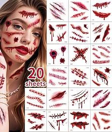preiswerte -20 Stück lustige Halloween-Kostüme&amp;Gruselige Gesichtsaufkleber für Erwachsene, Körper- und Gesichtsdekorationen, Kostümparty-Streiche, gruselige Gesichtsaufkleber, Kostümzubehör, Horror-Make-up,