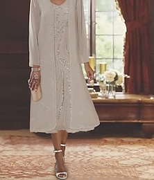 economico -Matrimonio in Spiaggia Due Pezzi A-Line Abito Madre della Sposa Ospite di Matrimonio Formale Elegante Collo a V Lunghezza Tè Chiffon Pizzo Senza Maniche Giacche con Perline Paillettes taglia