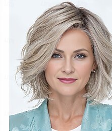 economico -parrucca da donna, bionda cenere con mèches argentate, corta e ondulata, capelli sintetici realistici, resistenti al calore, riga laterale, elegante, stile alla moda per tutti i giorni