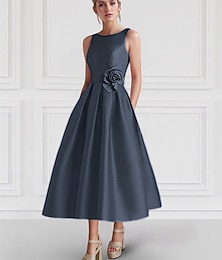 abordables -Robes de cocktail A-Line élégantes robe formelle invitée de mariage longueur cheville sans manches décolleté bateau poche satin avec imprimé floral robes de poche