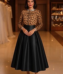 billiga -leopardmönstrad a-linjeformad cocktailklänning elegant formell klänning formell bröllop te-lång midi-lång långärmad rund hals chiffong med veck kristaller utsmyckade 2025