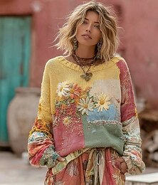 economico -Per donna Felpa Maglione Quotidiano Casual Floreale A Coste Girocollo Lavorato a maglia Stampato Manica Lunga Top Regolari Maglia All'aperto Weekend Giallo Autunno Inverno
