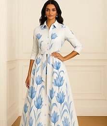 preiswerte -A-Linien-Kleid für die Mutter der Braut, formelles Hemdblusenkleid, eleganter Hemdkragen, bodenlang, Satin, 3/4-Ärmel, mit Schleife(n) und Aufdruck