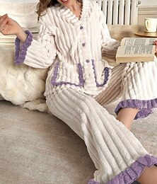 abordables -Mujer Pijamas Conjunto pijama 2 Piezas Confort Suave Retazos Bolsillo Cintura elástica Botones Pantalón Hogar Diario Cama Manga Larga Escote en Pico Blanco Rojo Morado Verde Trébol Otoño Invierno