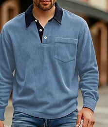 お買い得  -男性用 コーデュロイシャツ ゴルフシャツ ワーク カジュアル ラペル 長袖 ベーシック 近代の カラーブロック ポケット ボタン 春 秋 レギュラー ブラック ホワイト ルビーレッド ネイビーブルー ブルー オレンジ コーデュロイシャツ