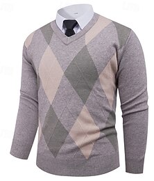 preiswerte -Herren Pullover Strickpullover Gerippt Stricken Normale Oberteile Gestrickt Karomuster V Ausschnitt Mode Basic Urlaub Alltagskleidung Bekleidung Frühling Herbst Marineblau Khaki S M L