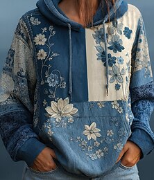 abordables -Sudadera con capucha de patchwork bohemio vintage para mujer impresión en 3D sudadera con flores tipo pulóver casual de manga larga con capucha uso diario en la calle patchwork impresión bolsillo