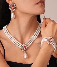 levne -Dámská sada perlových šperků s náušnicemi, náhrdelníkem a náramkem - elegantní doplňky ve vintage stylu s křišťálovými akcenty pro plesové večírky, svatby a formální události