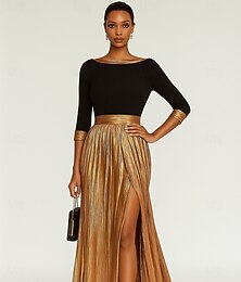 preiswerte -A-Linie Abendkleid Elegant Formelle Kleidung Formell Hochzeit Bodenlang Langarm U-Boot-Ausschnitt Champagnerfarbenes Brautmutterkleid Stretch Satin mit Falten 2025