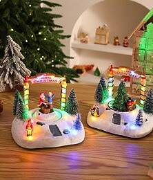 preiswerte -1 Stück 19 x 16 cm Weihnachtsharz-Spieluhr, Ornament, Weihnachtshaus, Schneehaus im europäischen Stil, Weihnachtsmann, Weihnachtsbaum, Musik, LED-Licht, AAA-Batterie oder USB-Stromversorgung,