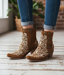 abordables -Femmes Bottes Rétro Bottes Cowgirl Extérieur Voyage Vêtements de rue Bloc de Couleur Broderie Bottines Rivet Broderie Fermeture éclair Talon épais Bout Pointu Mode Western Faux daim Mocassin Chameau