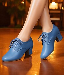 economico -scarpe da ballo da donna in vera pelle blu con lacci, modello Oxford, tacco basso a blocco - da sala da ballo professionale &calzature per esercizi di latino