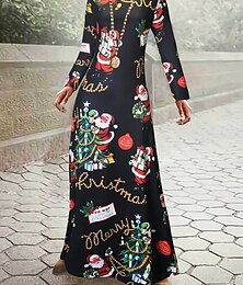 abordables -Femmes Robe maxi Robe T-Shirt Robe trapèze Robe d'été Vacances Occasionnel Chaussures de plage Quotidien Coupe régulière Graphique Père Noël Arbre de Noël manche longue Col ras du cou Noir Beige