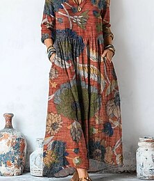 ieftine -Pentru femei Rochie Maxi Rochie A line Vacanță Casual Boho Ieșire Plajă Potrivire Largă Floral Grafic Manșon Lung În V Galben Deschis Roz Deschis Roz Îmbujorat Mov Vară Primăvară Toamnă