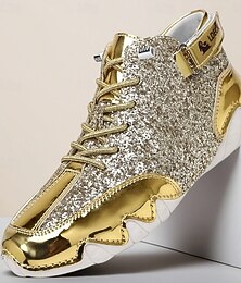 olcso -Férfi arany és fehér magas szárú tornacipő fényes részletekkel – stílusos és merész, tökéletes bulikra, divatos estékre és trendi öltözékekre