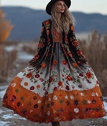 Недорогие -Жен. Длинное платье Плиссированное платье Для вечеринки На каждый день Богемный Повседневные Свидание На выход Стандартный Цветочный принт Графика Длинный рукав V-образный вырез Оранжевый Осень Зима