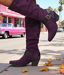 economico -stivali da donna in pelle scamosciata viola alti fino al ginocchio con cinturini con fibbia – stivali con tacco a blocco in stile cowboy western per la moda autunnale, outfit di Halloween e streetwear all'aperto