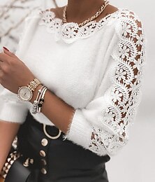 billiga -Dam Tröja Elegant Ledigt Mjukt Ren färg Ribbad Rund hals Stickat Långärmad Vanliga toppar Sticka Utomhus Dagligen Helgen Vit Vår Höst