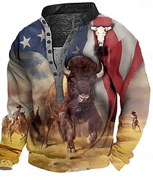 abordables -Homme Vache Drapeau Américain Sweatshirt Ethnique 3D Col haut Cadeau Voyage Vêtements de rue Marron Boutons Devant Automne Hiver Designer