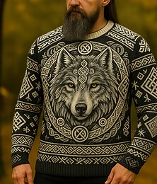 preiswerte -Herren Tiermotiv Wolf Wikinger Pullover Strickware Rundhalsausschnitt Retro Vintage Lässig Urlaub Täglich 3D-Druck warm halten Langarm Frühling Herbst Winter Schwarz Dunkelgray Grau