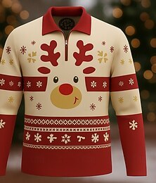 お買い得  -クリスマス 男性用 各 ポロ 長袖 折襟 近代の レジャー スポーツ カジュアル／普段着 ジッパー 3Dプリント 春 秋 冬 ルビーレッド パープル グリーン