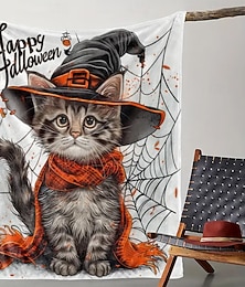 economico -Coperta in pile di Halloween per divano, strega, gatto, carina coperta decorativa 3D per feste, divano letto, calda, arredamento per la casa