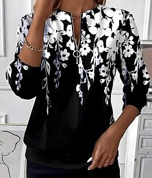 abordables -Mujer Sudadera Sudaderas con cremallera Retazos Cremallera Estampado Floral Graphic Moda Casual Manga Larga Cuello Barco Escote Redondo Tops regulares Calle Uso Diario Negro Primavera Otoño Invierno