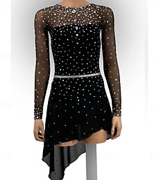 preiswerte -Eiskunstlaufkleid Damen Mädchen Eislaufkleid Schwarz Patchwork Asymmetrischer Saum Hohe Elastizität Training Wettkampf Eiskunstlaufbekleidung Klassisch Kristall/Strass Langarm Eiskunstlauf