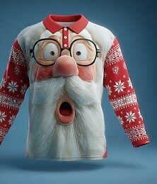 お買い得  -クリスマス 男性用 サンタクロース ポロ 長袖 ポロシャツ ラペル カジュアル アウトドア アスレイジャー デイリーウェア 3Dプリント ボタン 春 秋 冬 赤1 赤4 赤3
