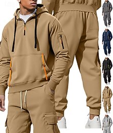 abordables -Homme Ensemble Survetement Ensemble de tenues Ensemble de sweats à capuche Sweat à Capuche Extérieur Quotidien Sports Cordon de serrage Avec Poches Demi-zip Uni Noir bleu marine Kaki Polyester Tenues