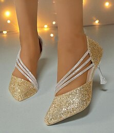 voordelige -Dames gouden glitter puntige teen hakken - elegante pumps met bandjes en hoge hak voor formele evenementen en uitgaansgelegenheden