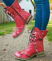 abordables -Botas con cordones de piel auténtica roja para mujer, hechas a mano: botines vintage artesanales para un estilo casual y retro.