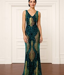 preiswerte -Meerjungfrauenschnitt Bodenlang Abendkleid Ärmellos V Ausschnitt Elegant Vintage Glanz & Glamour Paillettenbesetzt Polyester Brautmutterkleid mit Perlenstickerei
