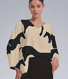 abordables -Chemisier en satin pour femme, imprimé abstrait, blocs de couleurs, ample, manches chauve-souris, col en V, pull décontracté et élégant, printemps, été, automne