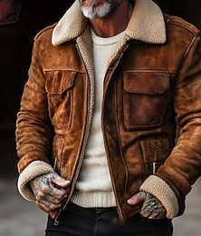 economico -Da uomo Giacca in finta pelle scamosciata Giacca in Pile Affari Casuale Giacca a Vento Pile Autunno Inverno Blocco di colori Casual Abbigliamento da lavoro Regolare Marrone Caffè Giacca