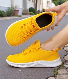 preiswerte -Gelbe Flyknit-Sneaker für Damen in weiter Weite, leichte Freizeit-Wanderschuhe für Sport und Streetwear