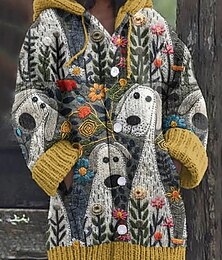 abordables -Femmes Pull Cardigan Occasionnel Doux Graphique Géométrique Bloc de Couleur Côtelé À capuche Avec Poches Boutons Tricoté manche longue Hauts Longs Tricoter Extérieur Quotidien Week-end Jaune Vert