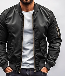 お買い得  -男性用 ボンバージャケット ミリタリージャケット フォーマル 家 ウィンドブレーカー ポケット 平織り 春 秋 純色 活発的 中性 ノーカラー ショート ブラック ブルー グリーン ジャケット