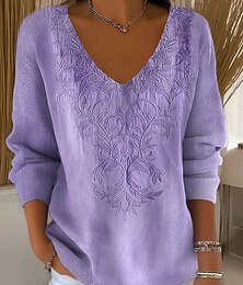 abordables -Femmes Pull Élégant Mode Streetwear Fleuri Graphique Col en V Tricoté manche longue Hauts Réguliers Tricoter Week-end Gingembre Violet Automne Hiver