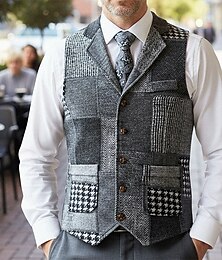 preiswerte -Herren Weste Gilet Urlaub Party Geschäft Mode Lässig Frühling Herbst Tasche Knöpfe Polyester Bequem Karomuster Einreihig Ein-Knopf Revers Normale Passform Blau Wein Orange Dunkelblau Weste