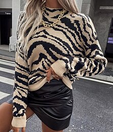 abordables -Femmes Pull Mode Streetwear Occasionnel Rayé Côtelé Col ras du cou Tricoté manche longue Hauts Réguliers Tricoter Extérieur Quotidien Week-end Blanche Abricot Automne Hiver